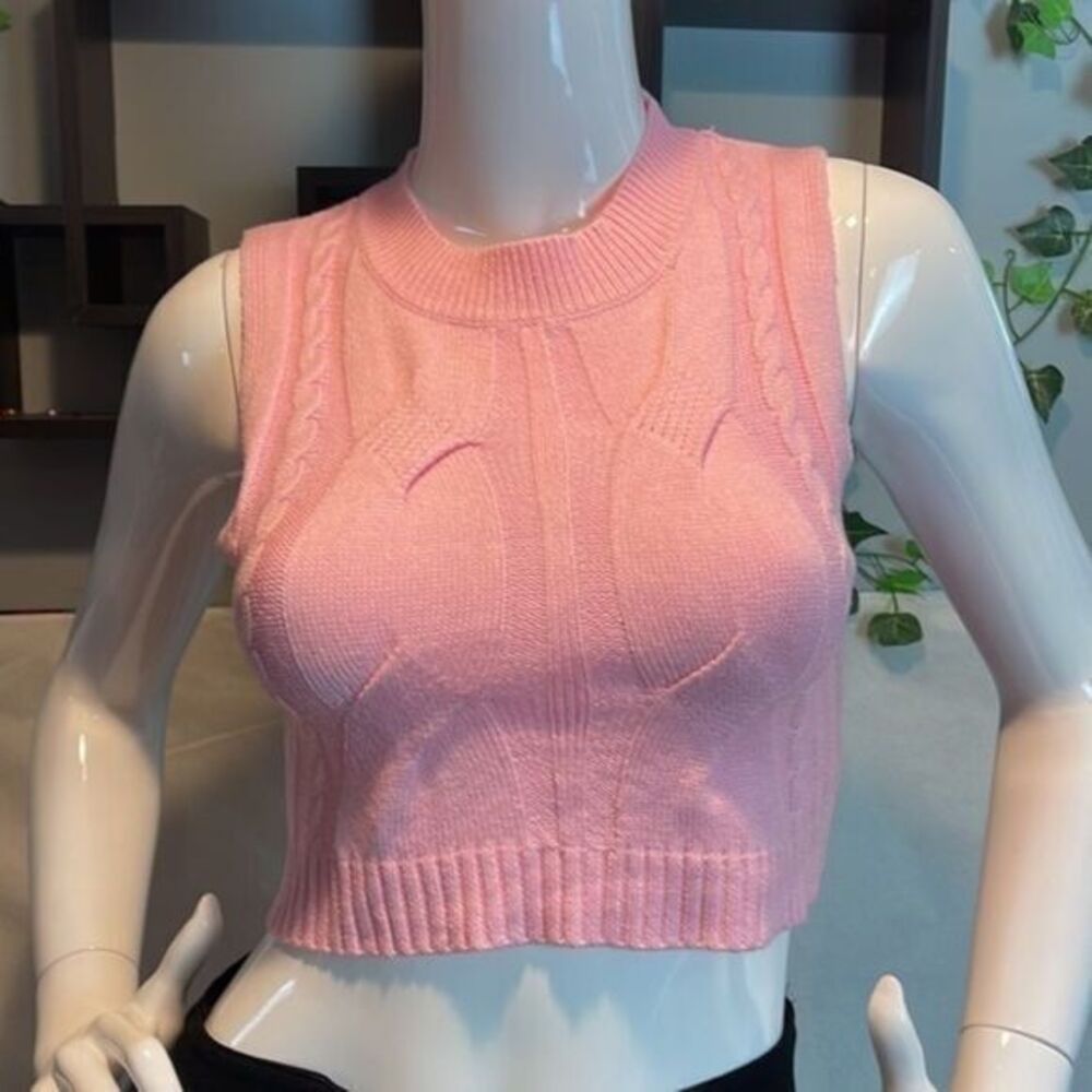 Pink Sweater‎ Vests Knitted Crop Top Sleeveless Sweater Tank Tops Size S